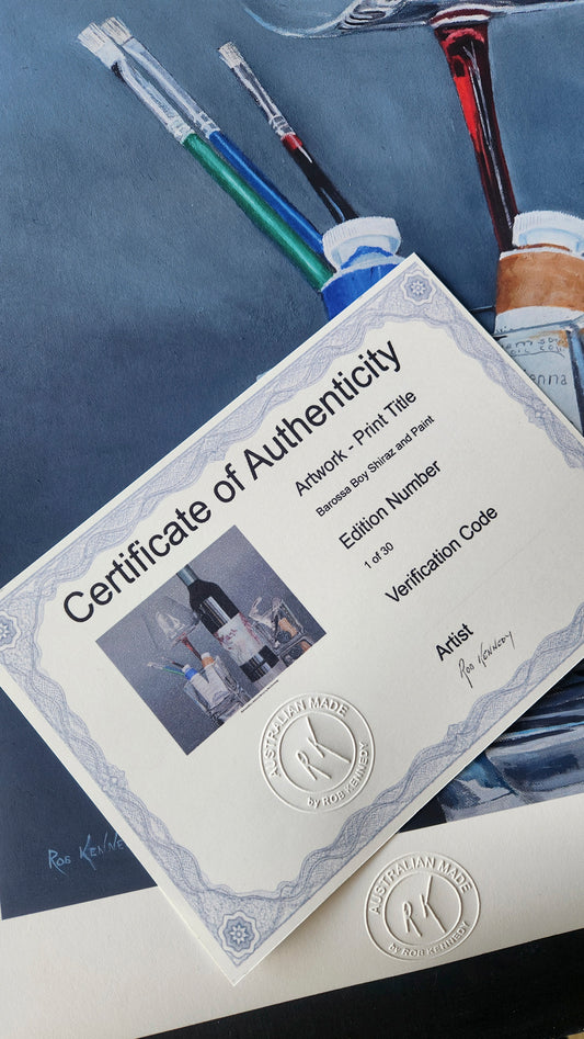 Certificate of Authenticity with artwork and tools in the background