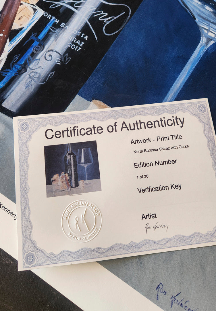 Certificate of Authenticity for an artwork with a wine bottle and glass illustration.
